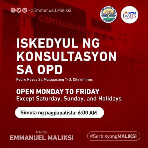 OSPITAL NG IMUS OPD SCHEDULE Narito..